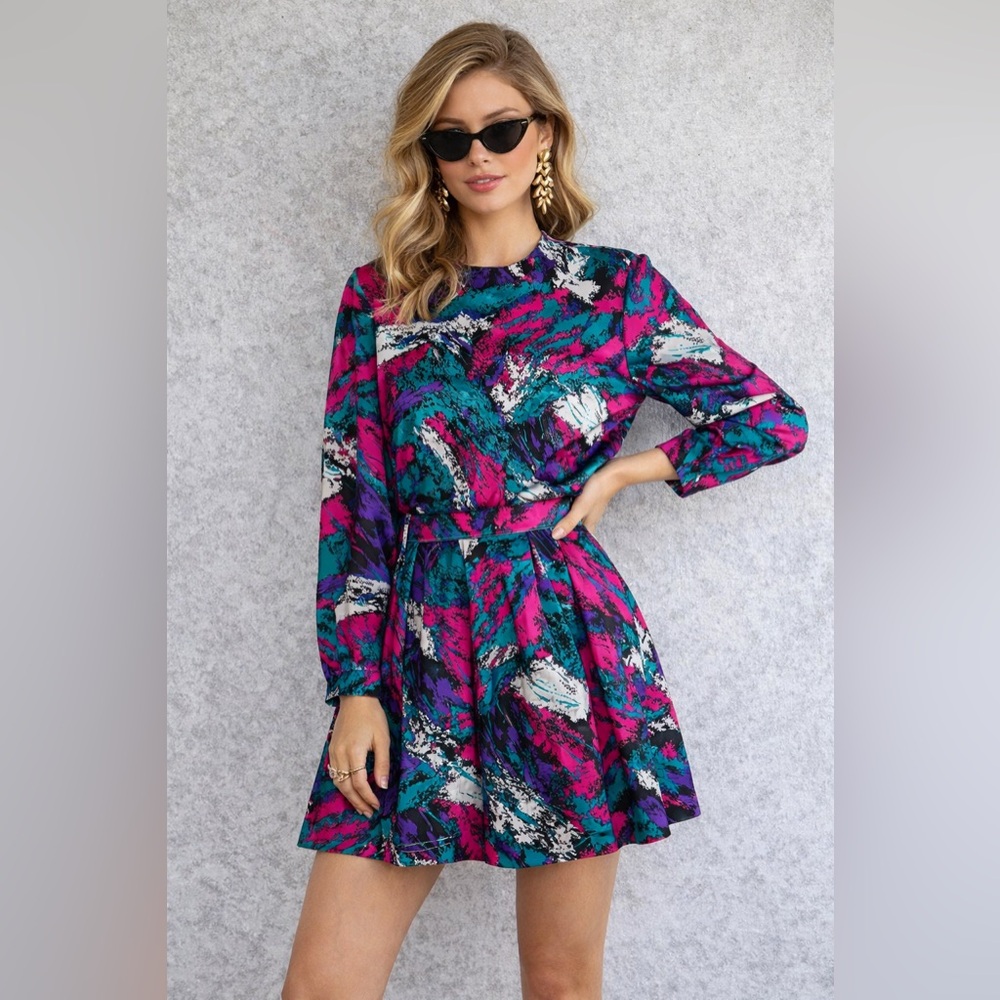 Vintage 80s/90s Abstract Print Two Piece Skirt Set – Bold Jewel Tones medium